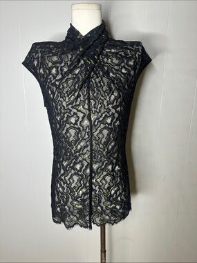 Beaufille Black And Green Sexy High Neck Lace Blouse